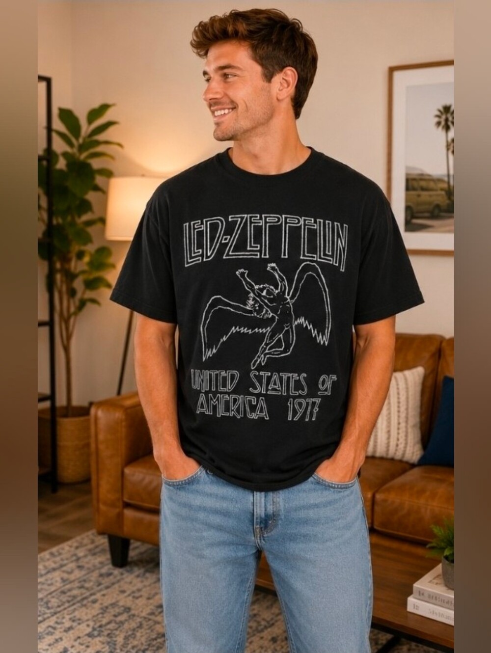 Led Zeppelin 1977 USA Tour Graphic Band Tee Men's Medium Black 100% Cotton